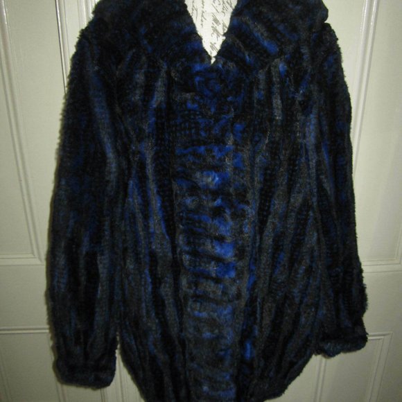 OOAK blue & black rabbit fur jacket with hood
